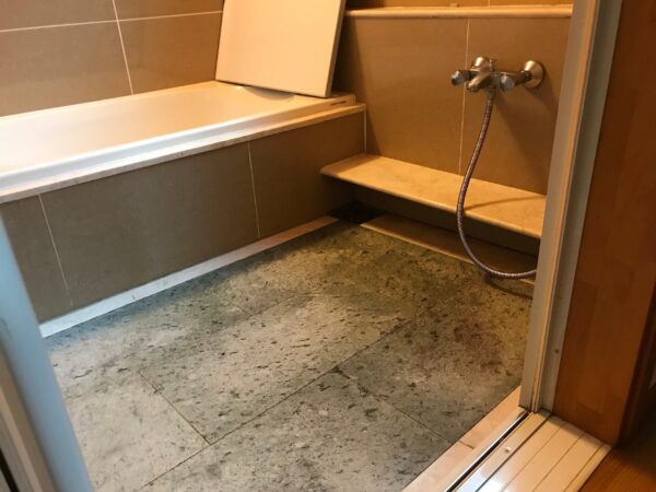 補修前、石材の床