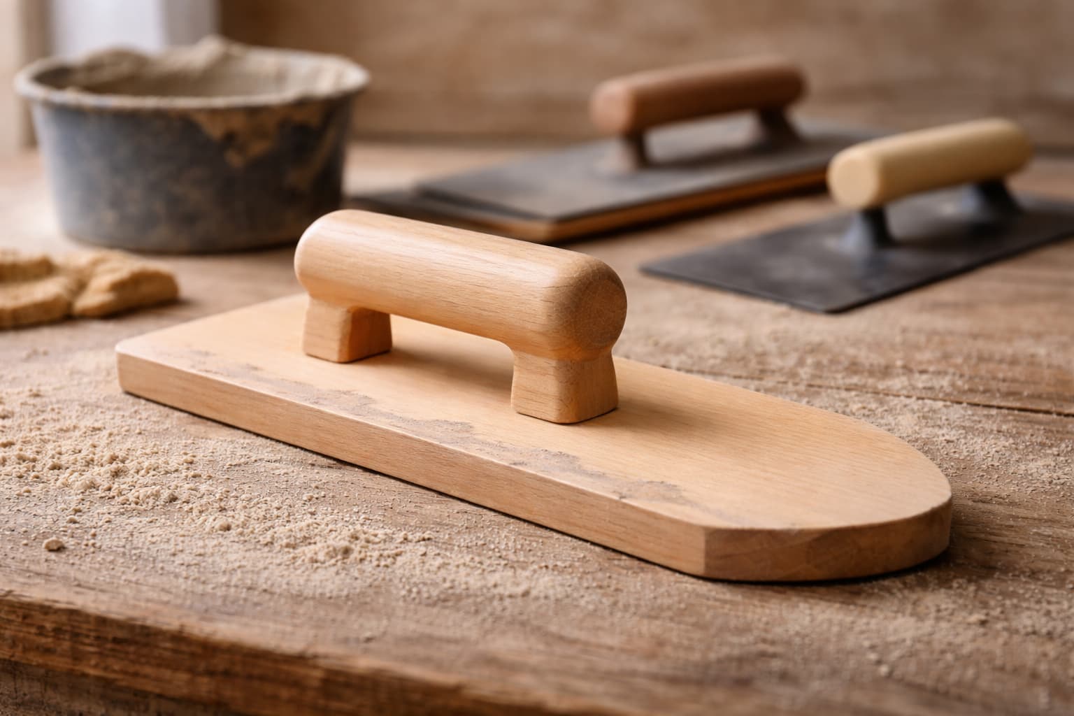 木鏝のイメージ 木鏝は左官の下地づくりに重要